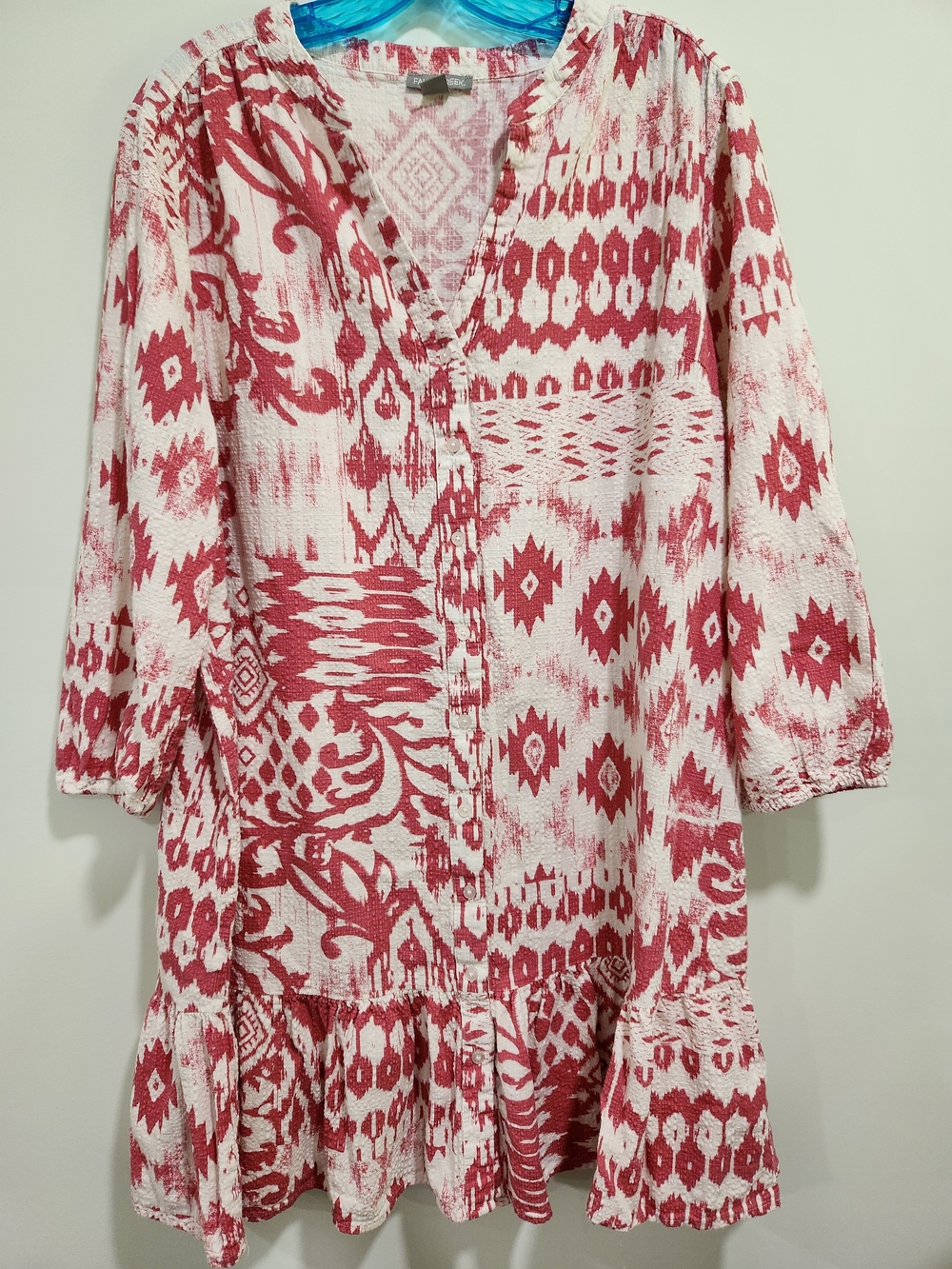 Falls Creek Red and White Patterned V-Neck Tunic Dress